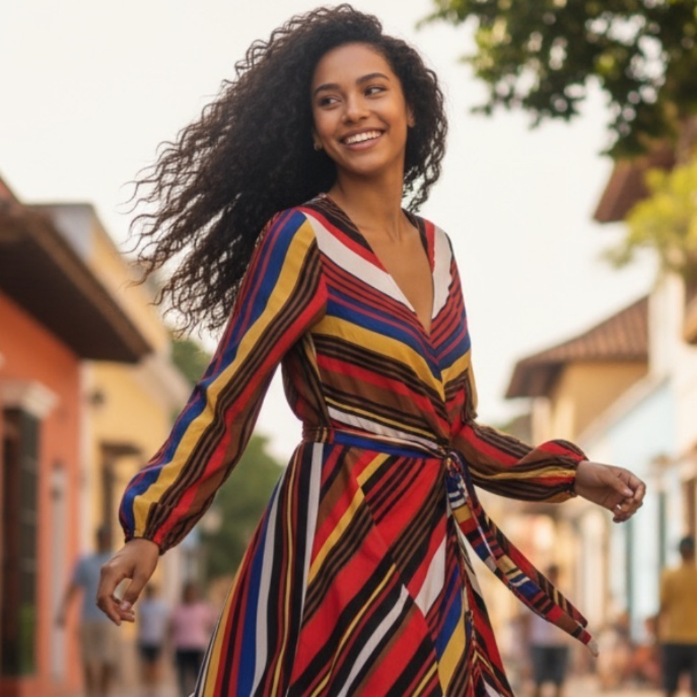 Express striped v-neck long sleeve scarf dress xs